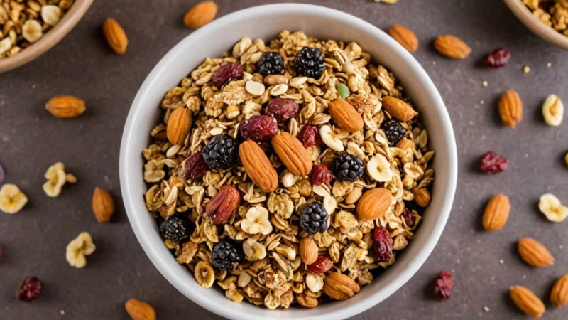 hjemmelaget frokostblanding, sunn granola, havregryn, nøtter, frø, frokostideer